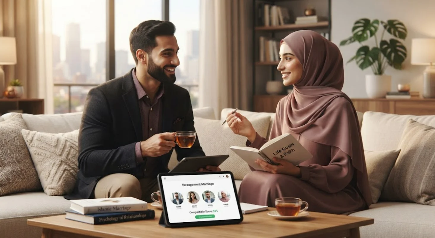 A professional Muslim man and woman sitting together in a warm, modern living room, smiling and discussing marriage compatibility while holding a notebook and tea cups, with a tablet on the coffee table displaying the Errange Marriage matching platform interface.