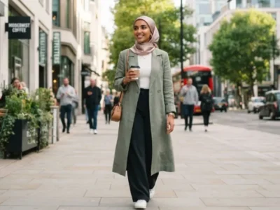a muslim girl walking in the street.