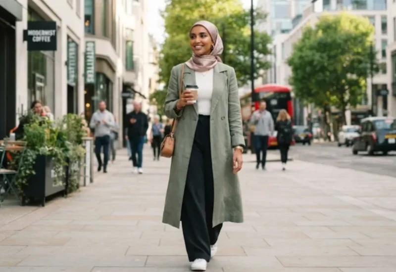 a muslim girl walking in the street.
