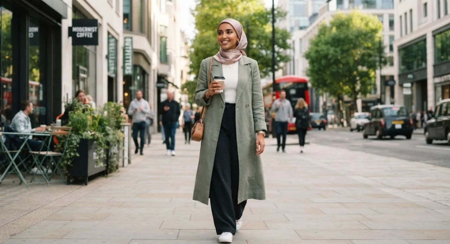 a muslim girl walking in the street.