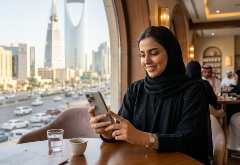 a lady of KSA looking her phone .