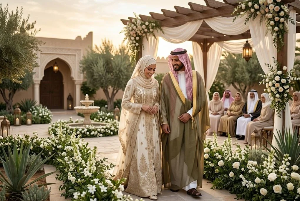 a married couple happily walking in garden of KSA