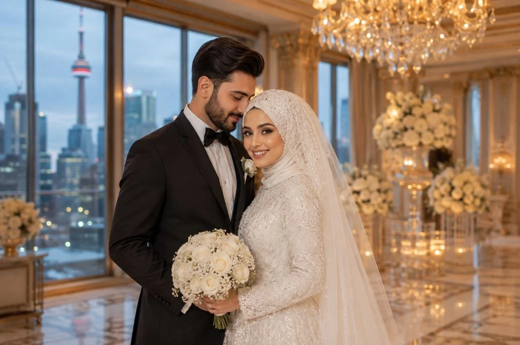 Elegant Muslim wedding couple in a luxurious indoor venue, with the bride wearing an embellished ivory gown and hijab, holding a bouquet of white roses, and the groom in a black tuxedo; a grand chandelier-lit ballroom with floral arrangements and a city skyline view creates a sophisticated, romantic background.