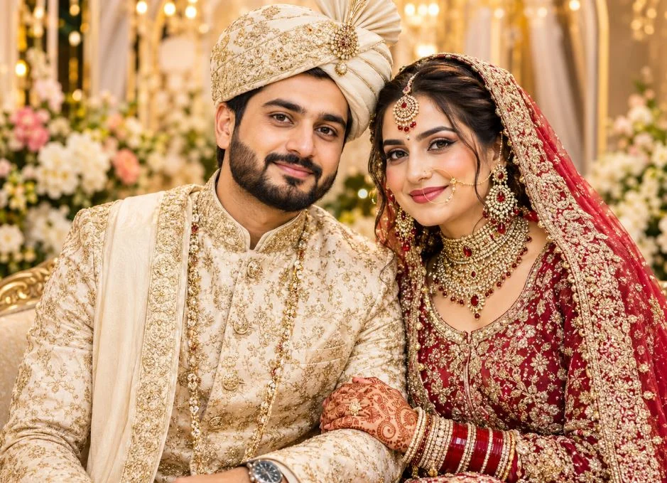 an indinan muslim newly wedd couple looks at the camera
