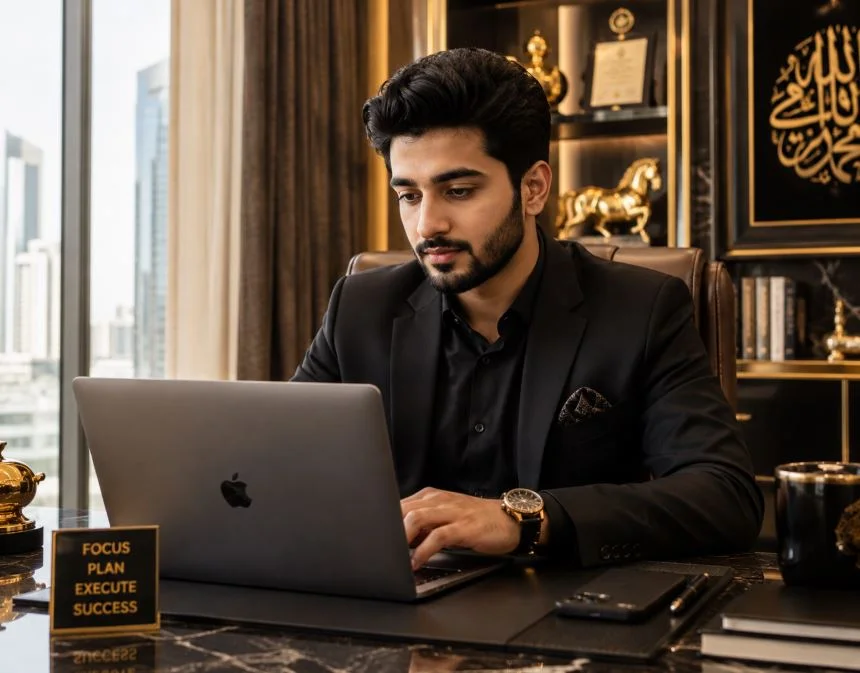 a muslim indian man looks his laptop.