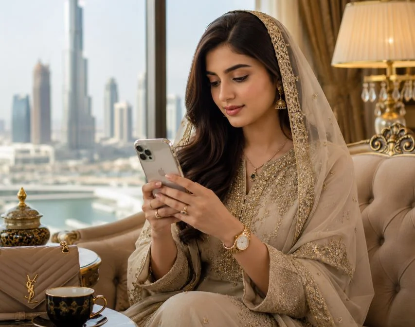 a muslim indian girl looks her iphon.