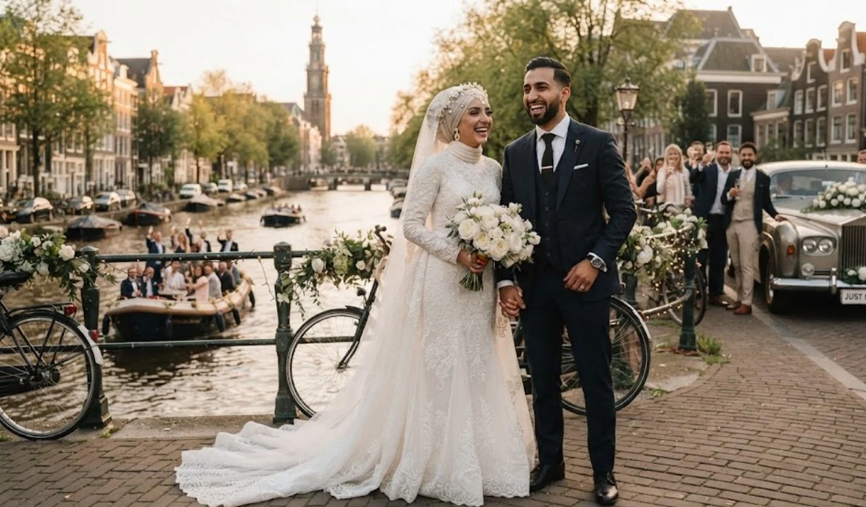 Joyful Muslim couple on an Amsterdam canal bridge with a vintage "JUST MARRIED" car.