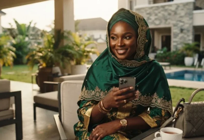 Elegant Nigerian Muslim woman in green hijab holding smartphone by pool patio.