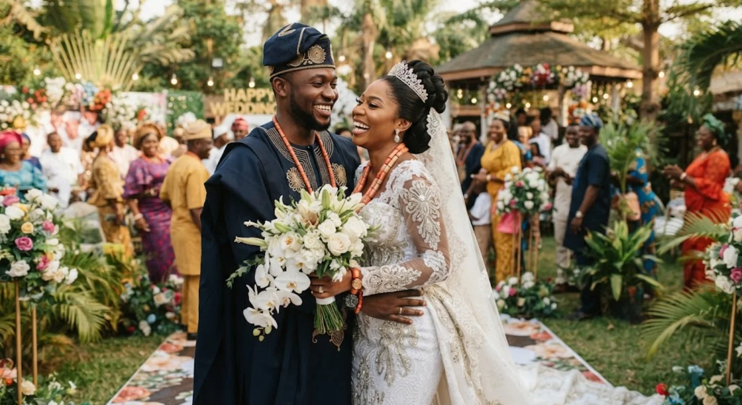 A joyous Nigerian newlywed couple in traditional attire smiling and embracing during their outdoor wedding ceremony.
