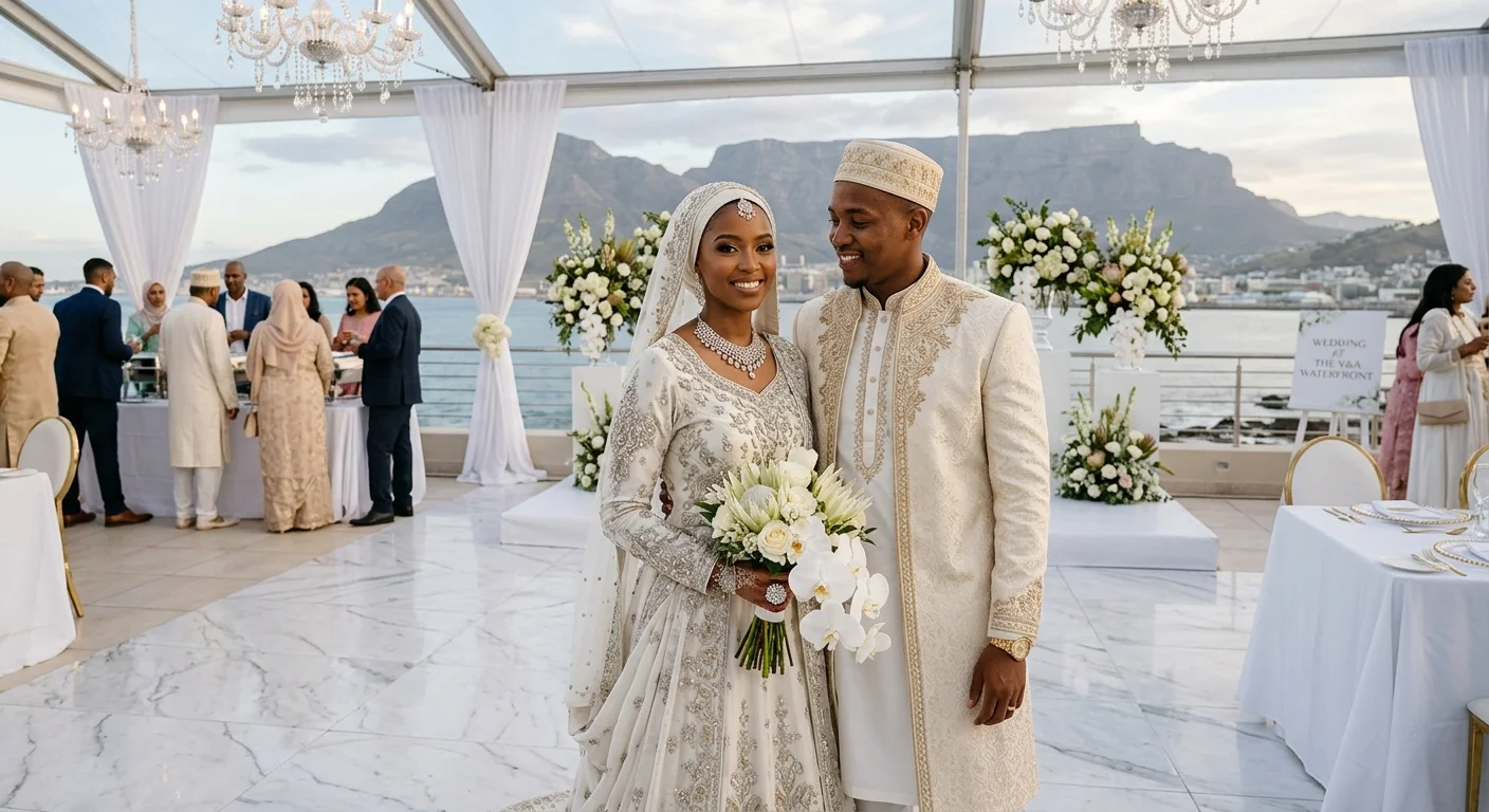 A high-end luxury Muslim wedding ceremony taking place on a decorated glass marquee rooftop at the V&A Waterfront, featuring a bride in an intricate cream and gold embroidered dress and hijab, and a groom in a matching sherwani and kufi, holding a white protea bouquet with Table Mountain in the background.