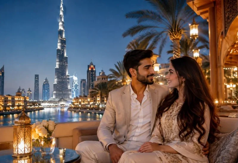 an image of UAE muslim modren young couple on honey moon and burj- khalifa behind them