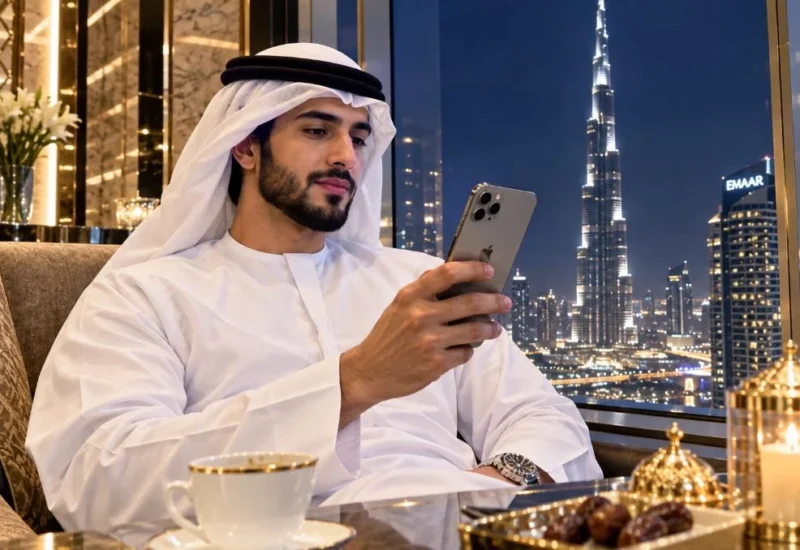 a rich man looking his iphone in UAE