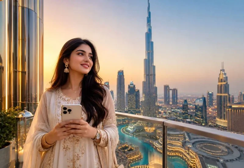 image of UAE indian girl in the burj- khalifa have a iphon on her hand.