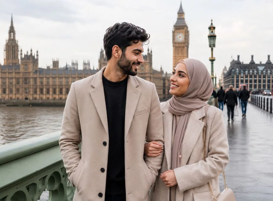 A happy young Muslim couple in modern beige coats stands on a London bridge, smiling at each other, with the River Thames, Big Ben, and a red double-decker bus visible in the background.