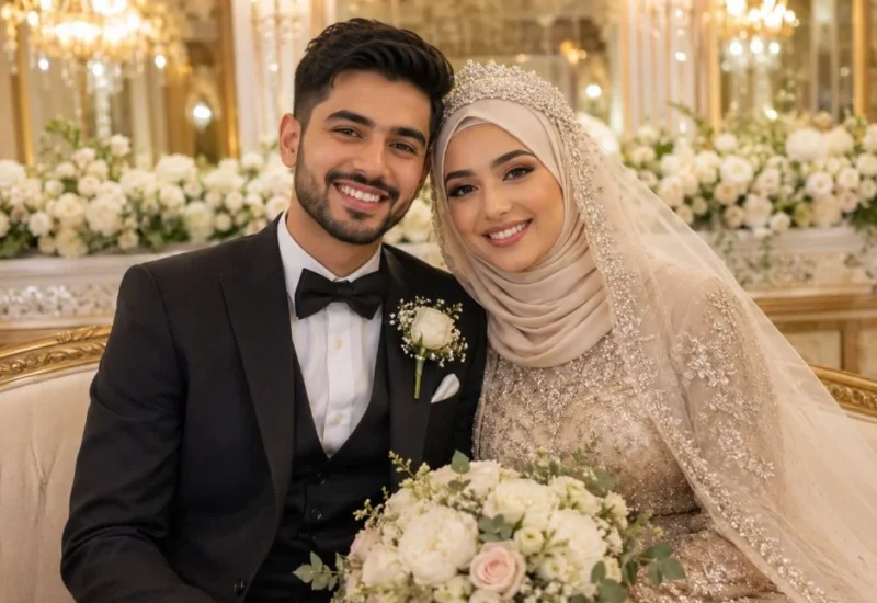 an image of british muslim modren young couple happily married just now