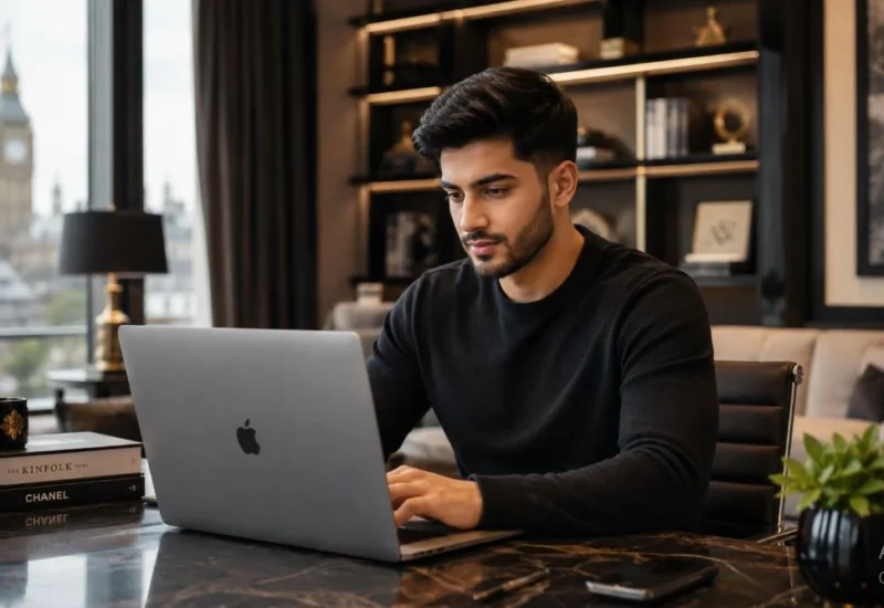an image of british muslim modren young man see his laptop