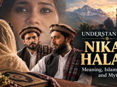 **Short alt text:** “Understanding Nikah Halala with Pashtun men, a veiled woman, and Islamic imagery.”