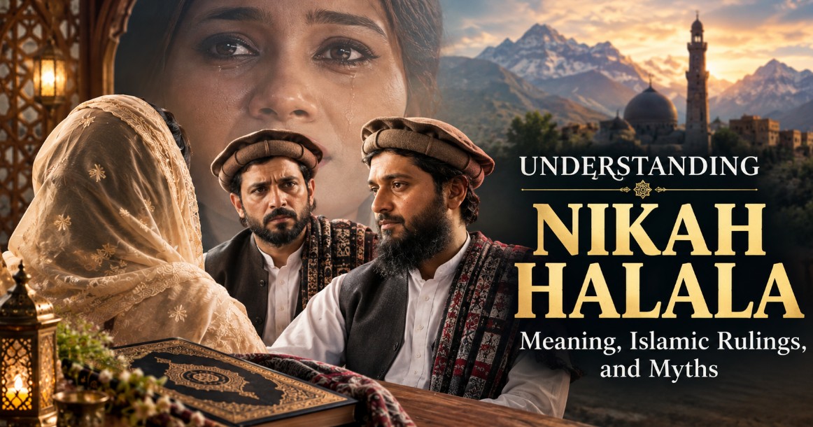**Short alt text:** “Understanding Nikah Halala with Pashtun men, a veiled woman, and Islamic imagery.”