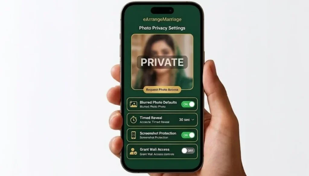 Muslim marriage app with photo privacy user interface showing profile blurred photo settings
