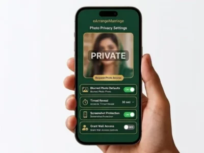 Muslim marriage app with photo privacy user interface showing profile blurred photo settings