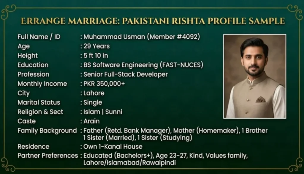 Pakistani rishta profile sample for male groom on Errange Marriage.