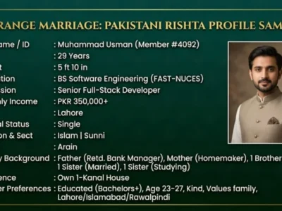 Pakistani rishta profile sample for male groom on Errange Marriage.