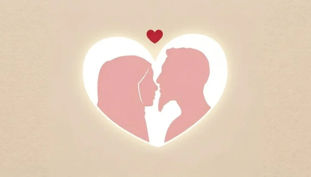 Muslim couple silhouette in a soft pink heart representing physical intimacy in islamic marriage