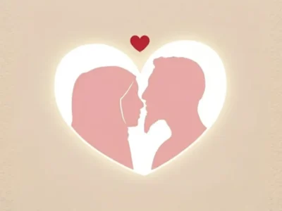 Muslim couple silhouette in a soft pink heart representing physical intimacy in islamic marriage