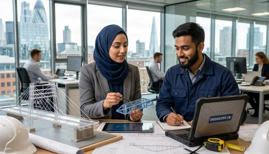 Two professional British Muslim engineers, a woman in a blue hijab and a man in a navy jacket, discussing a technical blueprint on a laptop with the 'ENGINEERS UK' logo, surrounded by engineering tools in a modern London office.