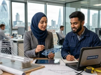 Two professional British Muslim engineers, a woman in a blue hijab and a man in a navy jacket, discussing a technical blueprint on a laptop with the 'ENGINEERS UK' logo, surrounded by engineering tools in a modern London office.